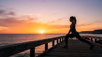 Fototapeta premium Athletic woman stretching on wooden pier at sunset over ocean. Female athlete performing yoga or fitness routine during golden hour by seaside for wellness and exercise content.
