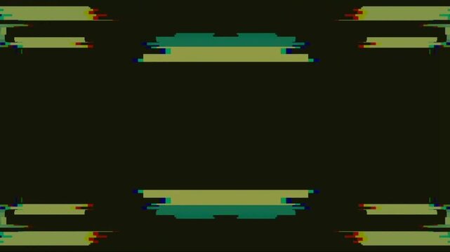 Abstract digital glitch art background with horizontal and vertical pixelated lines and color distortions, dark green and yellow palette, motion graphic element for digital media and technology themes
