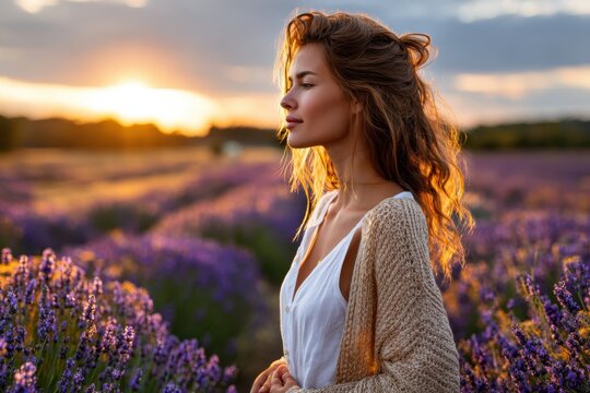 Woman in lavender field at sunset