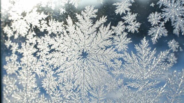 Intricate frosty snowflake patterns forming on glass surface, delicate ice crystals, winter wonderland backdrop, closeup macro view, cold season atmosphere