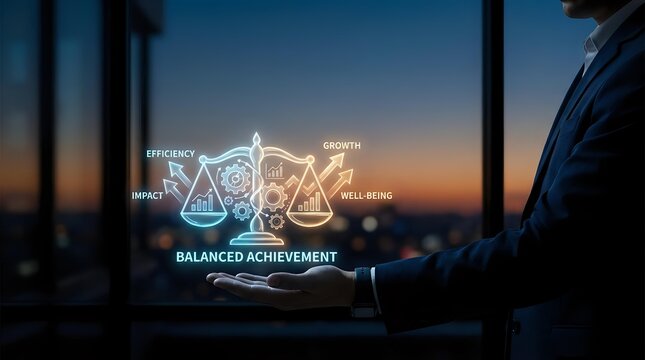 Businessman holding glowing holographic scale showing balanced achievement with efficiency, growth, impact and well-being icons at sunset through office windows.