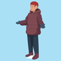 Flat vector illustration of a happy young man with red hair wearing a warm maroon puffer jacket, mittens and boots, standing on snow with open arms and a friendly smile. Isolated on a light blue backg
