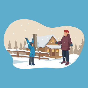 Vector illustration of a parent and child enjoying the snow together in front of a wooden cabin during snowfall, flat cartoon winter family scene