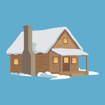 Isolated vector illustration of a snow covered wooden cabin house with a chimney and porch, flat cartoon design element