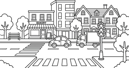 Fototapeta premium City street coloring page featuring urban neighborhood, bakery, houses, apartment buildings, traffic light, cars, truck, and pedestrian crossing outline vector illustration