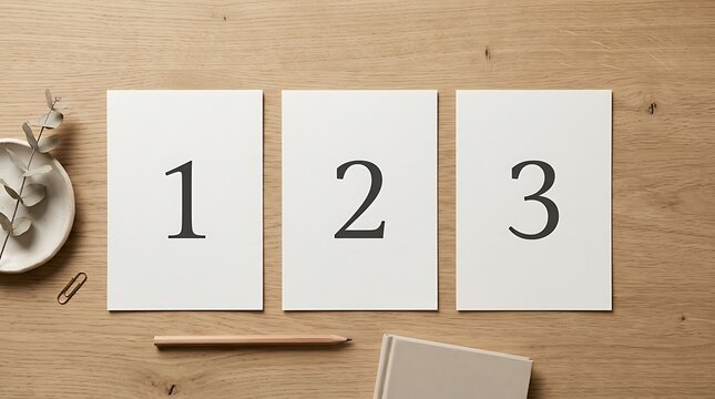 Minimalist composition featuring 123 steps concept on white papers arranged on a wooden desk with office supplies