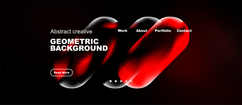 Dark website mockup features abstract red shapes, text elements, navigation menu. Modern design, clean aesthetic, minimal style.