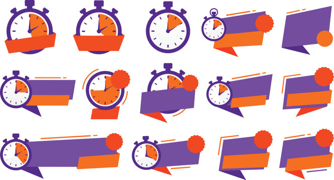 Set of flat vector clock countdown sale badges designed in vibrant orange and purple on transparent background