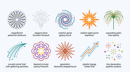 A collection of stylized firework and spark designs, including starbursts, fountains, spirals, explosions, palm trees, comet trails, peonies, diamonds, rockets, and sparkle clusters. © sulai