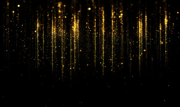 Falling golden glitter and glowing light particles on a black background. Abstract luxury rain of sparkling dust and luminous streaks. Festive backdrop for award ceremony or holiday celebration