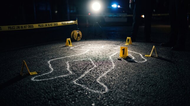 Chalk outline of victim on asphalt street surrounded by police evidence markers at night crime scene.