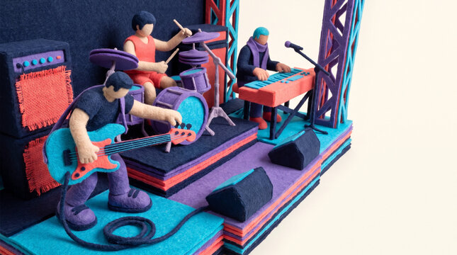 Musicians performing live on colorful stage with instruments and lights  