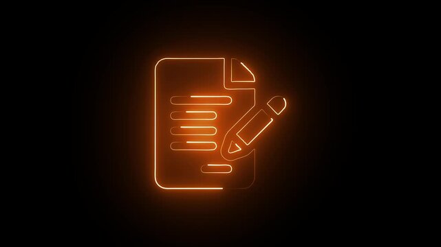 Glowing neon document and pencil animation for business and education digital interface writing