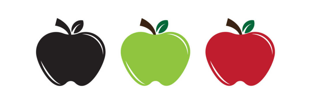 Set of Apple fruit icon. Black, green and red apple vector icon collection isolated on white background. Perfect for nutrition, healthy lifestyle. eps10