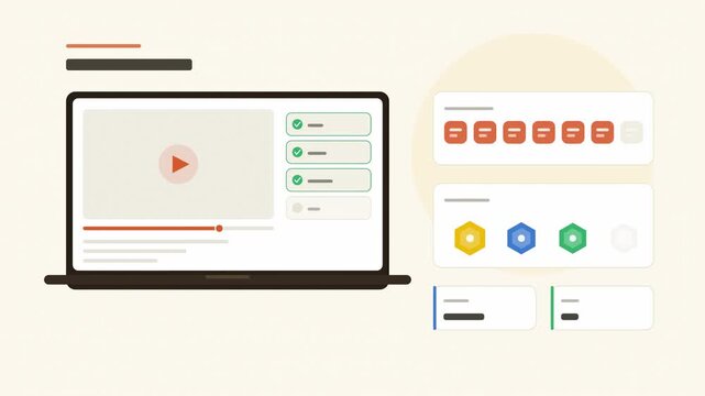 Abstract animated online learning session with lessons and progress drawn as amber and gold lines and dots on a bright, clean light background. Seamless looping 4K video element with free space around