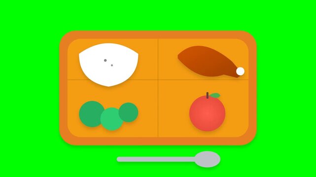 Animated School Lunch Tray with Food and Spoon on Green Screen.