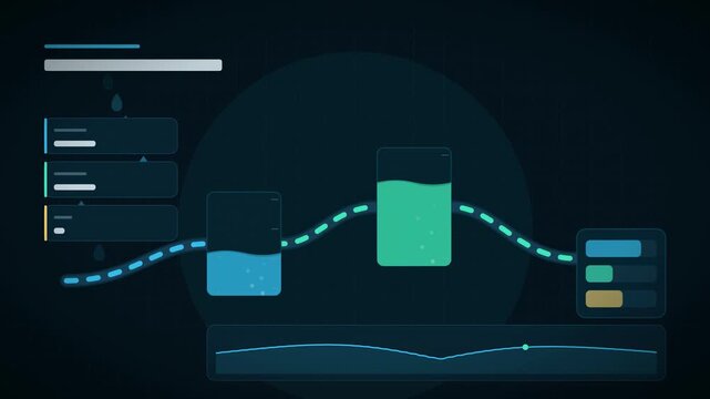 Abstract animated smart water network monitoring flow and pressure drawn as cyan and teal lines and dots on a deep dark background. Seamless looping 4K video element with free space around it, ideal f