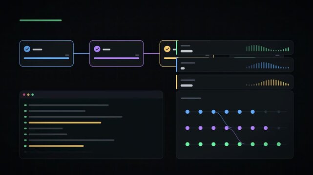 Abstract animated code moving through build, test and deploy stages drawn as blue and cyan lines and dots on a deep dark background. Seamless looping 4K video element with free space around it, ideal 