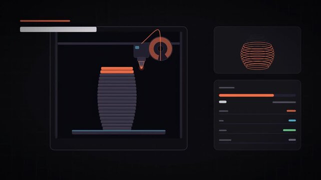 Abstract animated 3D print growing layer by layer drawn as magenta and pink lines and dots on a deep dark background. Seamless looping 4K video element with free space around it, ideal for logistics a
