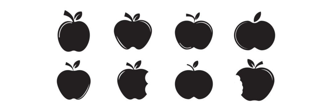Black Apple Icon Set with Eight Unique Fruit Shapes in Flat Minimal Style. Healthy apple fruit icon for UI designs. vector illustration. eps10