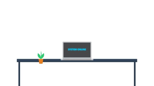 Minimalist desk setup with laptop and small potted plant.