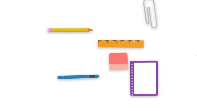 School Supplies Arranged Creatively on a White Background.
