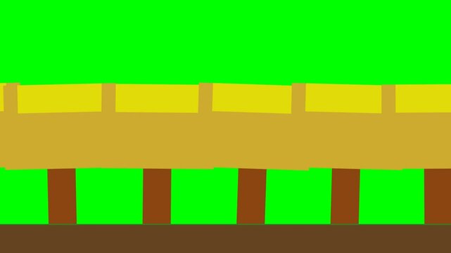 Simple cartoon fence with green background and brown ground.