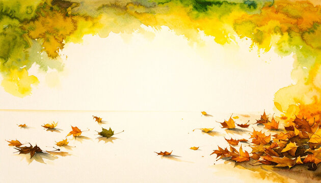 秋の落ち葉と紅葉の水彩イラスト背景　オレンジと黄色のメイプルリーフが舞う中央に広いコピースペースがある秋の季節の素材　チラシやバナーやポスター作成に活用できる手描き風の自然な風景デザイン　落ち着いた温かみのあるおしゃれな秋の装飾用グラフィック