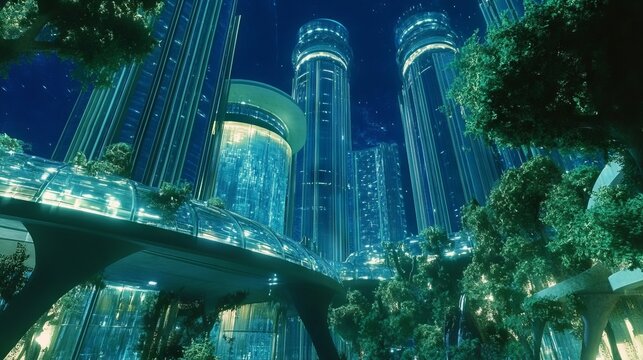 Futuristic Metropolis with Towering Glass Structures Under Stars