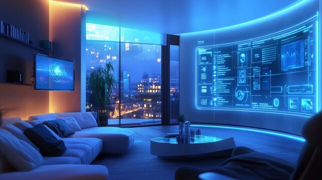 Sleek Modern Living Room Bathed in Soft Ambient Glow at Night