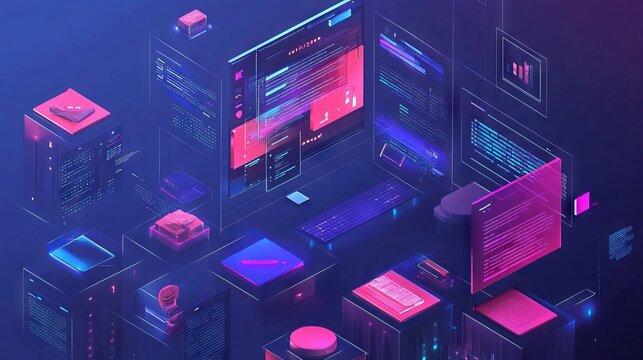 Futuristic Digital Workspace with Floating Screens and Neon Lights