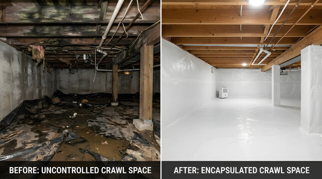 before and after crawl space encapsulation | professional basement waterproofing service | mold removal and vapor barrier installation | home crawl space renovation results