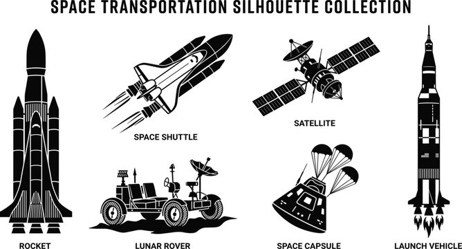 Space transportation silhouette collection featuring rocket, space shuttle, satellite, lunar rover, space capsule, and launch vehicle for aerospace technology designs