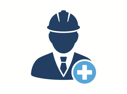 Construction engineer icon with plus sign, add builder vector, industrial worker avatar