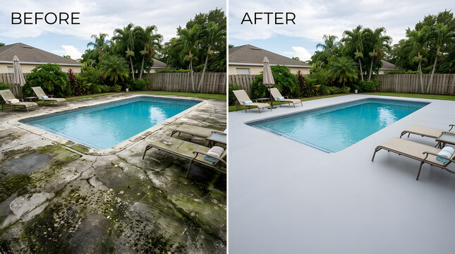 swimming pool deck resurfacing before and after | concrete pool patio renovation ideas | pressure washing dirty pool deck results | pool deck repair and repainting transformation