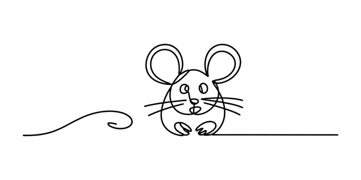 Continuous single line drawing of a cute little mouse with big ears and whiskers as a simple hand drawn vector illustration for creative design projects