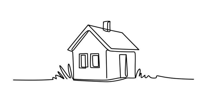 Continuous single line drawing of a small house with windows and a chimney representing a simple home concept in a minimalist hand drawn art style