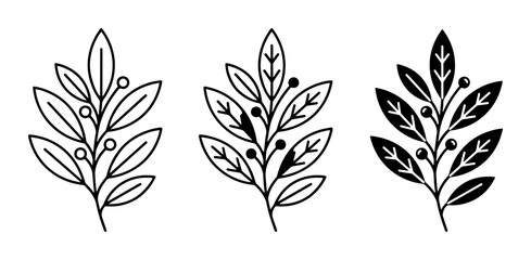 Fototapeta premium Minimalist botanical branch icons, simple leaf and berry vector illustrations, elegant outline and silhouette plant elements for design