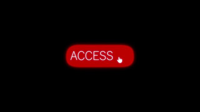 Modern red ACCESS button animation with thin white lettering and hand cursor on black, designed for web interface, digital access, navigation and technology themes.