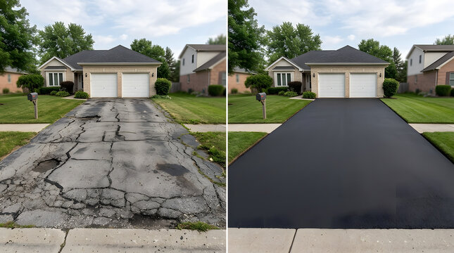 Residential asphalt driveway repair before and after | Professional driveway sealcoating services | Home curb appeal improvement project | Cracked driveway vs new smooth blacktop comparison