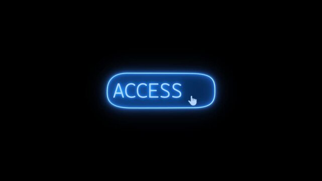 Blue neon ACCESS button animation with glowing outline, white text and hand cursor on black, perfect for futuristic interface, web navigation and digital access themes.