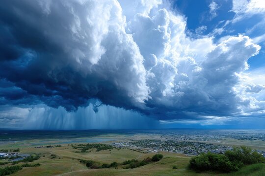 Dramatic storm clouds over a sprawling town