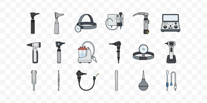 Set of various medical otolaryngology instruments and diagnostic equipment for ear nose and throat examination isolated on white