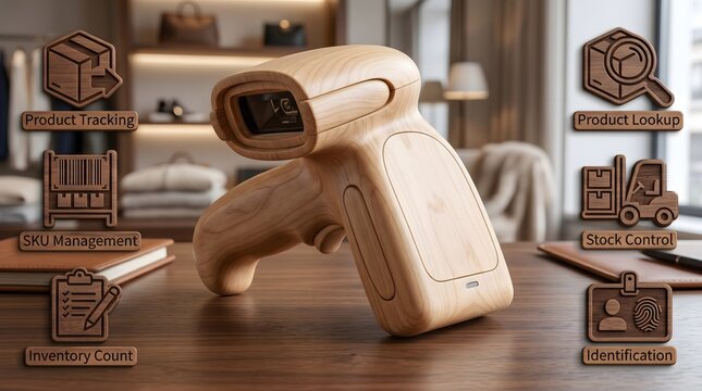 Wooden barcode scanner for product tracking and inventory count, sustainable wood handheld scanner for stock control and SKU management, eco-friendly retail technology for product lookup and ID.