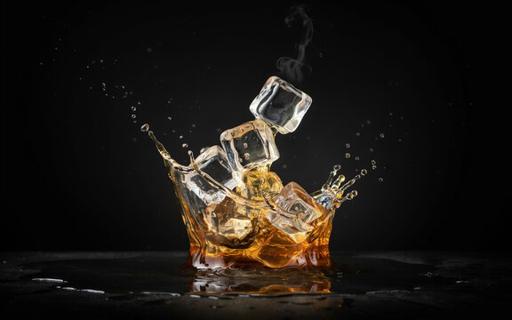 Pure vodka liquid, Refreshing Beverages & Dynamic Liquid Action, Cold refreshing beverage splashing over ice cubes on dark background
