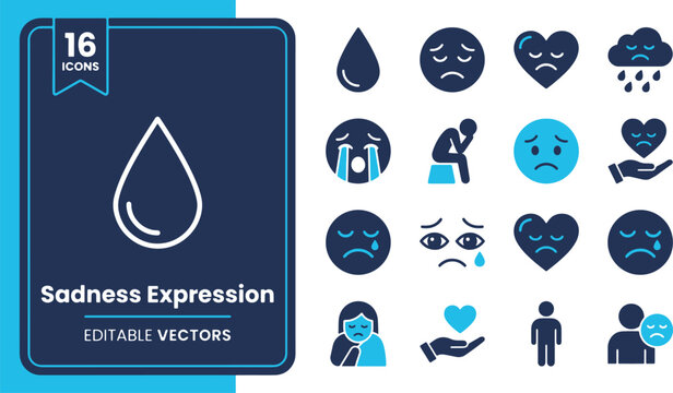 Sadness expression vector icons set with tearful faces, crying figures, and sorrowful symbols.