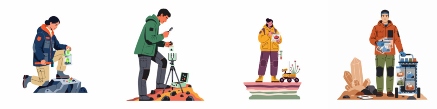 Flat vector illustrations of geologists and scientists collecting and analyzing rock samples and crystals during a field research expedition.