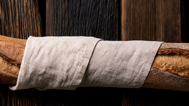 Close up of a freshly baked crunchy french baguette wrapped with a rustic linen cloth positioned horizontally against a textured dark wooden plank background