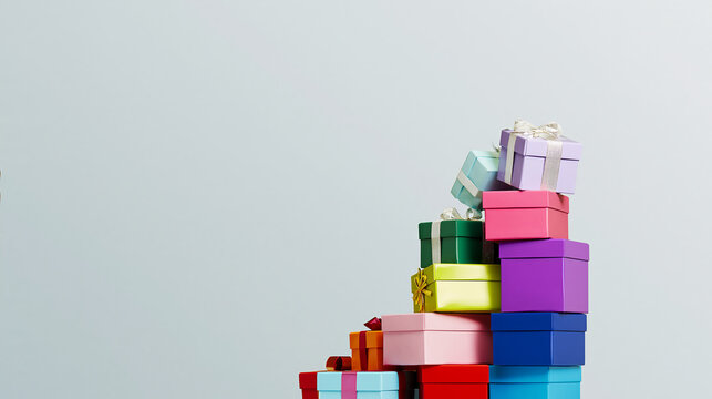 A vibrant stack of colorful gift boxes with ribbons arranged elegantly on a clean background, perfect for celebrations, birthdays, holidays, Christmas, and shopping concepts.