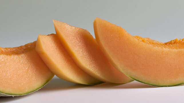 Delicious fresh cantaloupe melon slices beautifully arranged on a light background, highlighting natural texture and juicy organic fruit for healthy eating.